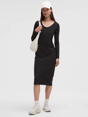 Lululemon Black All Aligned Ribbed Long-Sleeve Midi Dress NWT size 4